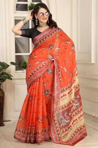 Orange linen cotton digital printed saree