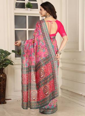 Pink linen cotton digital printed saree 2