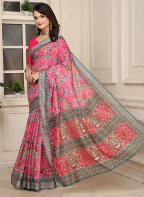 Pink linen cotton digital printed saree 4
