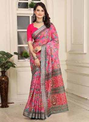 Pink linen cotton digital printed saree 5