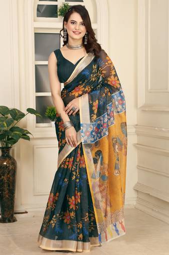 Green linen cotton digital printed saree