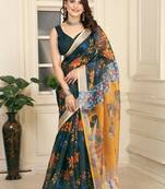 Green linen cotton digital printed saree