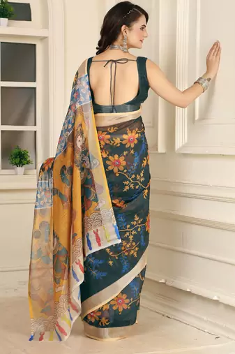 Green linen cotton digital printed saree