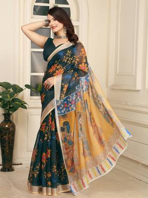Green linen cotton digital printed saree 4
