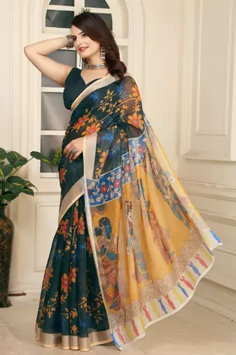 Green linen cotton digital printed saree