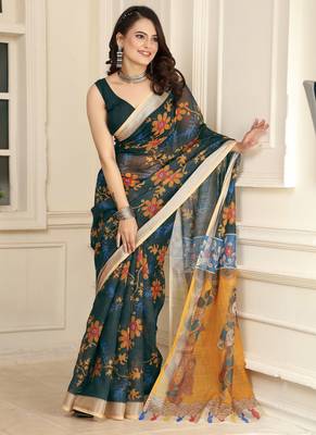 Green linen cotton digital printed saree 5