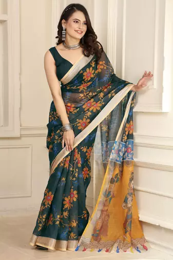 Green linen cotton digital printed saree