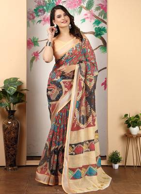Peach linen cotton digital printed saree 1