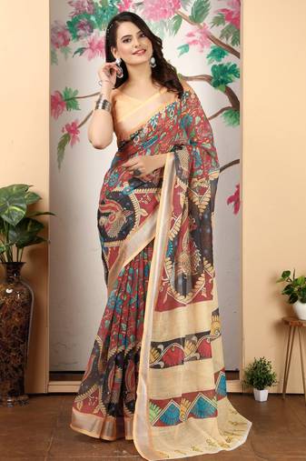 Peach linen cotton digital printed saree