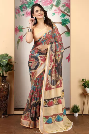 Peach linen cotton digital printed saree