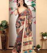 Peach linen cotton digital printed saree