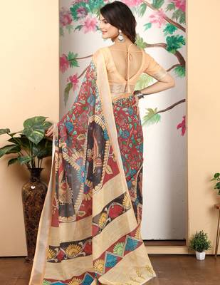 Peach linen cotton digital printed saree 2