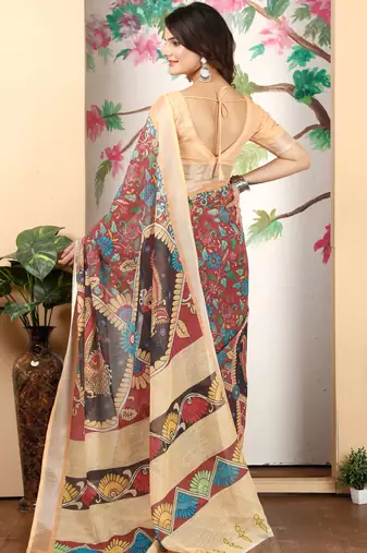 Peach linen cotton digital printed saree