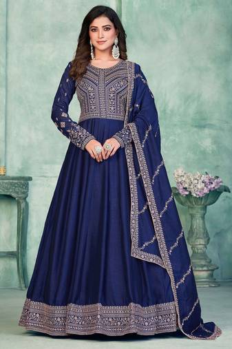 Blue embroidered work art silk  anarkali churidar suit - semi-stitched