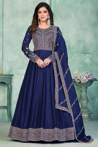 Blue embroidered work art silk  anarkali churidar suit - semi-stitched