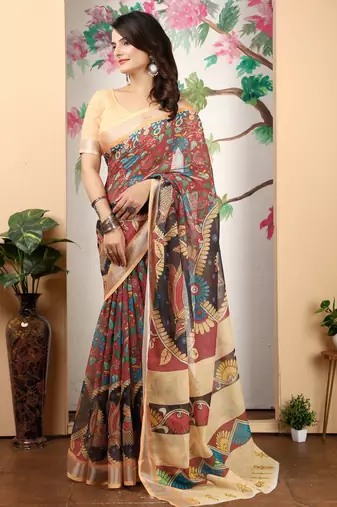 Peach linen cotton digital printed saree