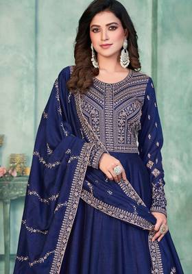 Blue embroidered work art silk  anarkali churidar suit - semi-stitched 2