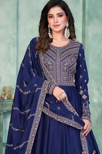 Blue embroidered work art silk  anarkali churidar suit - semi-stitched