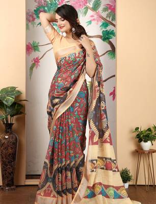 Peach linen cotton digital printed saree 5