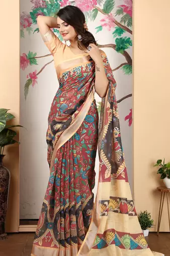 Peach linen cotton digital printed saree