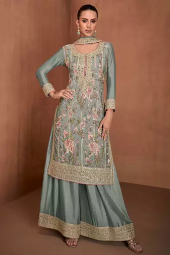 Grey embroidery & sequins work chinnon straight palazzo suit - free size stitching (size upto 42")