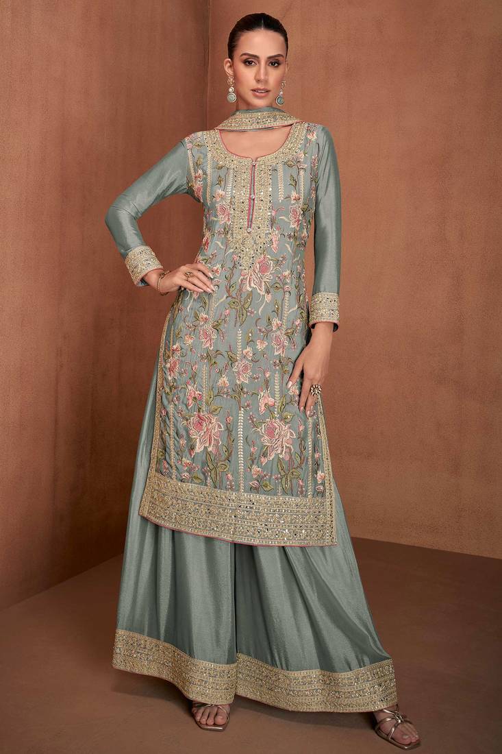 Grey embroidery & sequins work chinnon straight palazzo suit - free size stitching (size upto 42")