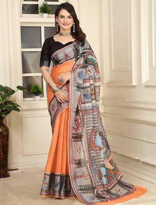Orange linen cotton digital printed saree 1