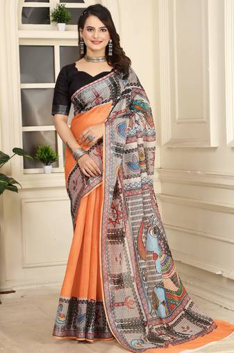 Orange linen cotton digital printed saree