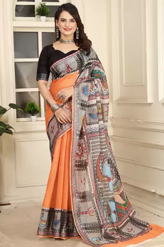 Orange linen cotton digital printed saree