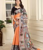 Orange linen cotton digital printed saree