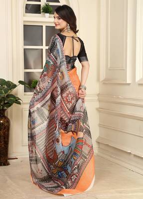Orange linen cotton digital printed saree 2