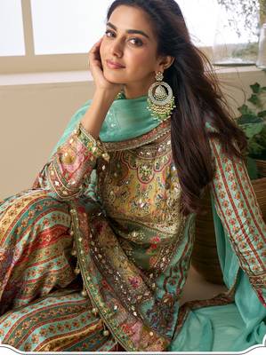 Multi embroidery printed & aari gota patti work creap silk straight palazzo suit - free size(size upto 42") 2