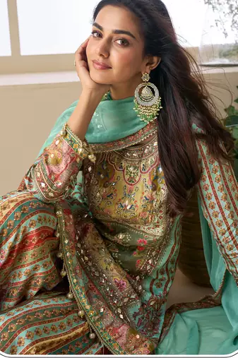 Multi embroidery printed & aari gota patti work creap silk straight palazzo suit - free size(size upto 42")