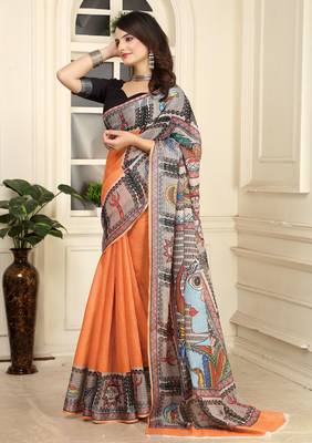 Orange linen cotton digital printed saree 4