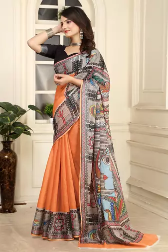 Orange linen cotton digital printed saree