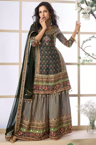 Multi embroidery printed & aari gota patti work creap silk straight palazzo suit - free size(size upto 42")