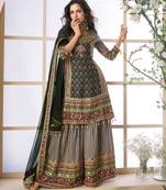 Multi embroidery printed & aari gota patti work creap silk straight palazzo suit - free size(size upto 42")