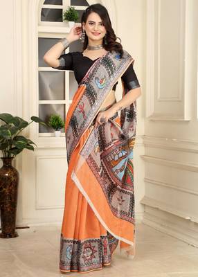 Orange linen cotton digital printed saree 5