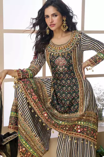 Multi embroidery printed & aari gota patti work creap silk straight palazzo suit - free size(size upto 42")