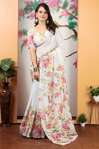 Off white linen cotton digital printed saree