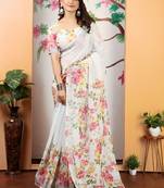 Off white linen cotton digital printed saree