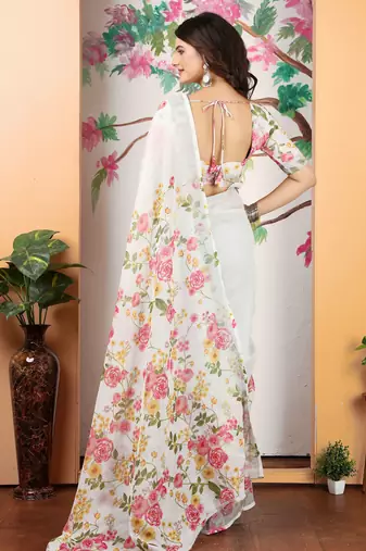 Off white linen cotton digital printed saree