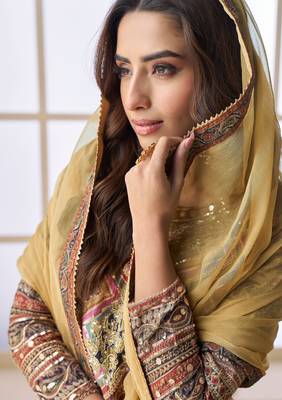 Multi embroidery, printed & aari, gota patti work creap silk straight palazzo suit - free size stitching (size upto 42") 2