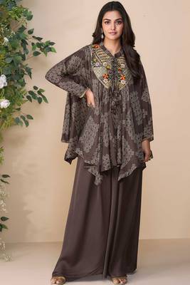 Brown embroidery, printed & hand work chinnon silk poncho style top palazzo suit - free size stitching (size upto 42") 1