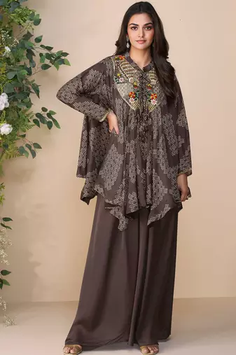Brown embroidery, printed & hand work chinnon silk poncho style top palazzo suit - free size stitching (size upto 42")
