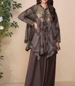 Brown embroidery, printed & hand work chinnon silk poncho style top palazzo suit - free size stitching (size upto 42")