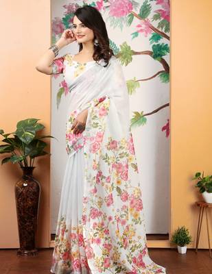 Off white linen cotton digital printed saree 4