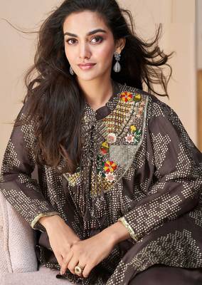 Brown embroidery, printed & hand work chinnon silk poncho style top palazzo suit - free size stitching (size upto 42") 2