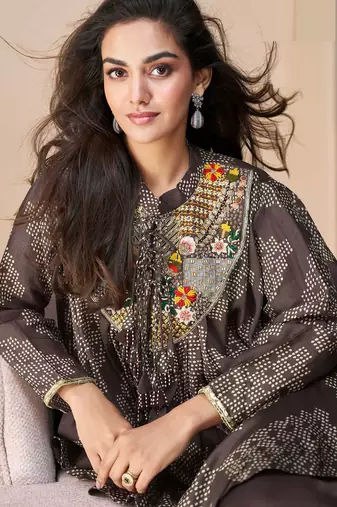 Brown embroidery, printed & hand work chinnon silk poncho style top palazzo suit - free size stitching (size upto 42")