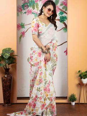 Off white linen cotton digital printed saree 5